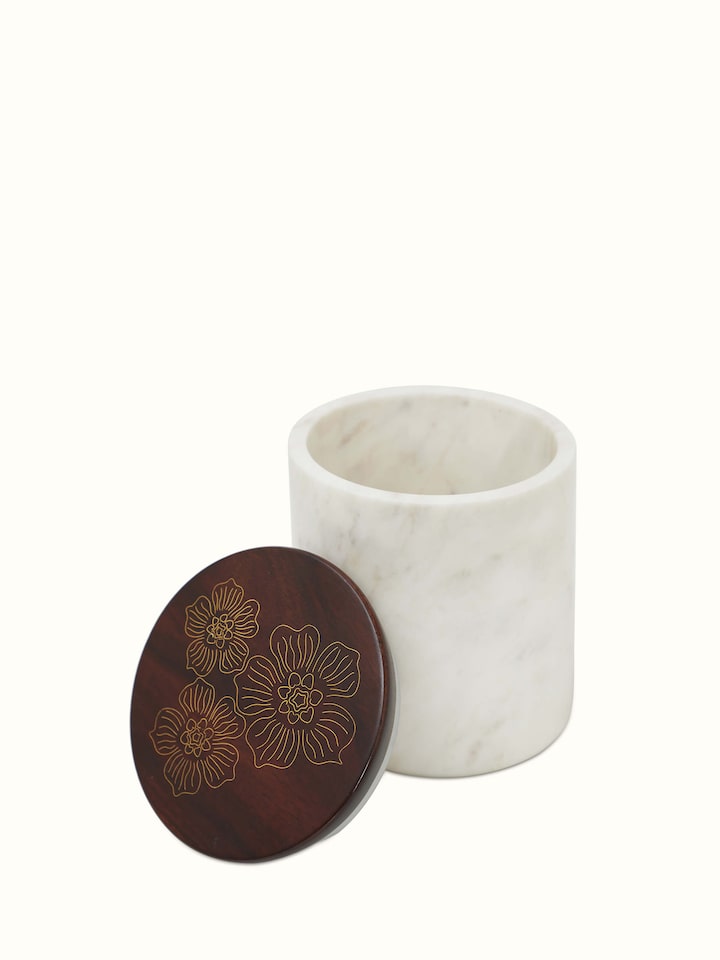 Full view of Tarkashi sheesham wood and brass jars, emphasizing the traditional design and materials used.