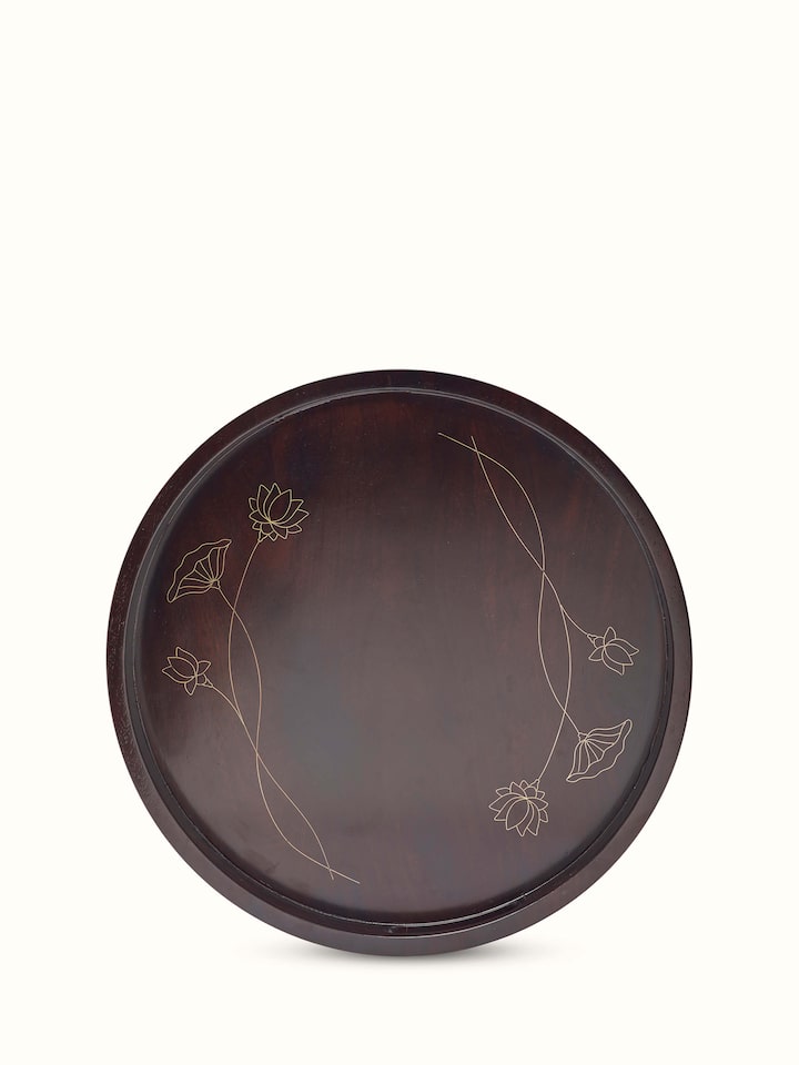 Front view of Tarkashi Sheesham Wood & Brass Tray displaying its rich wood texture and brass inlay.