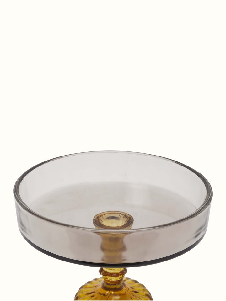 Angle view of Glass-Worked Cake Stand showcasing the stand's unique design and glasswork.