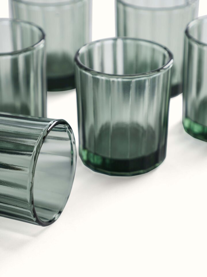 Angled view of Firozabadi glass work whiskey glasses set (6 pcs) highlighting the sophisticated glasswork and stylish details
