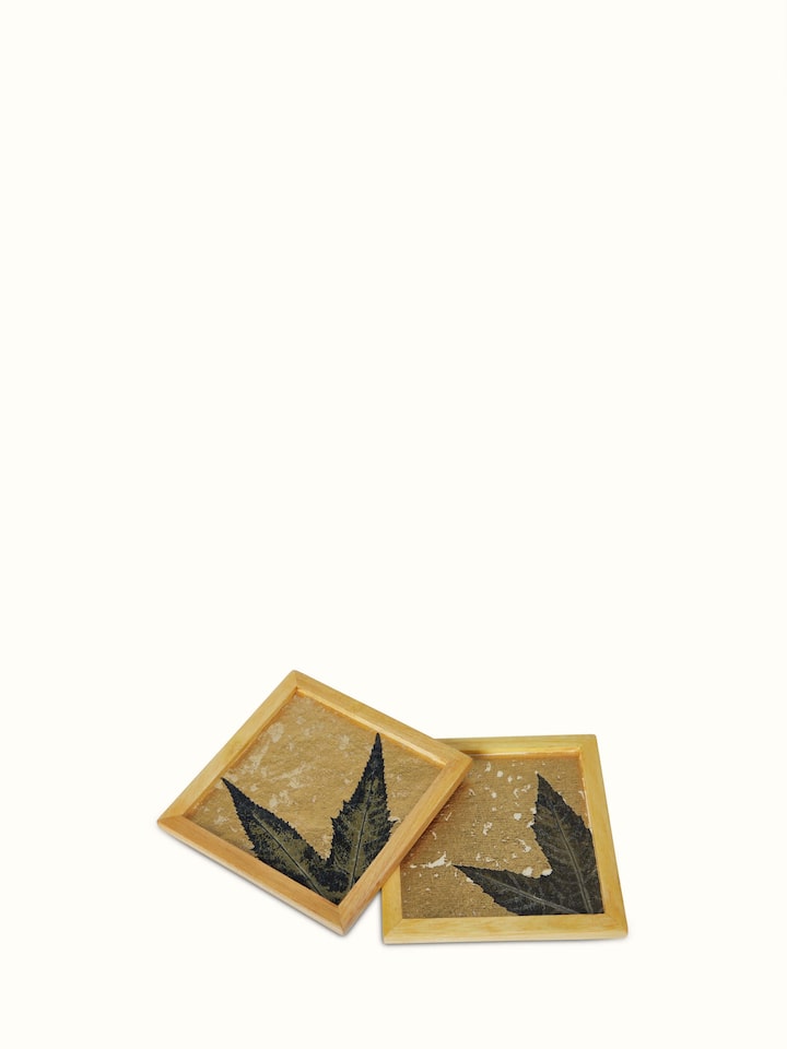 Close-up of Auroville Handmade Paper Chinar Coasters, highlighting the texture and design details (2 pcs)