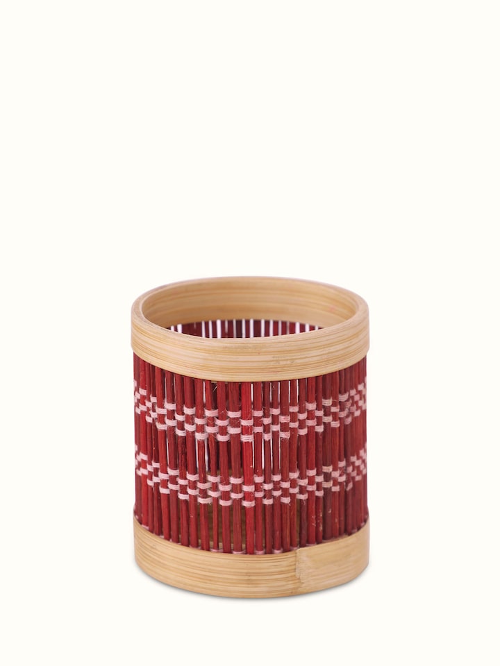 Front view of Bamboo pen stand in red