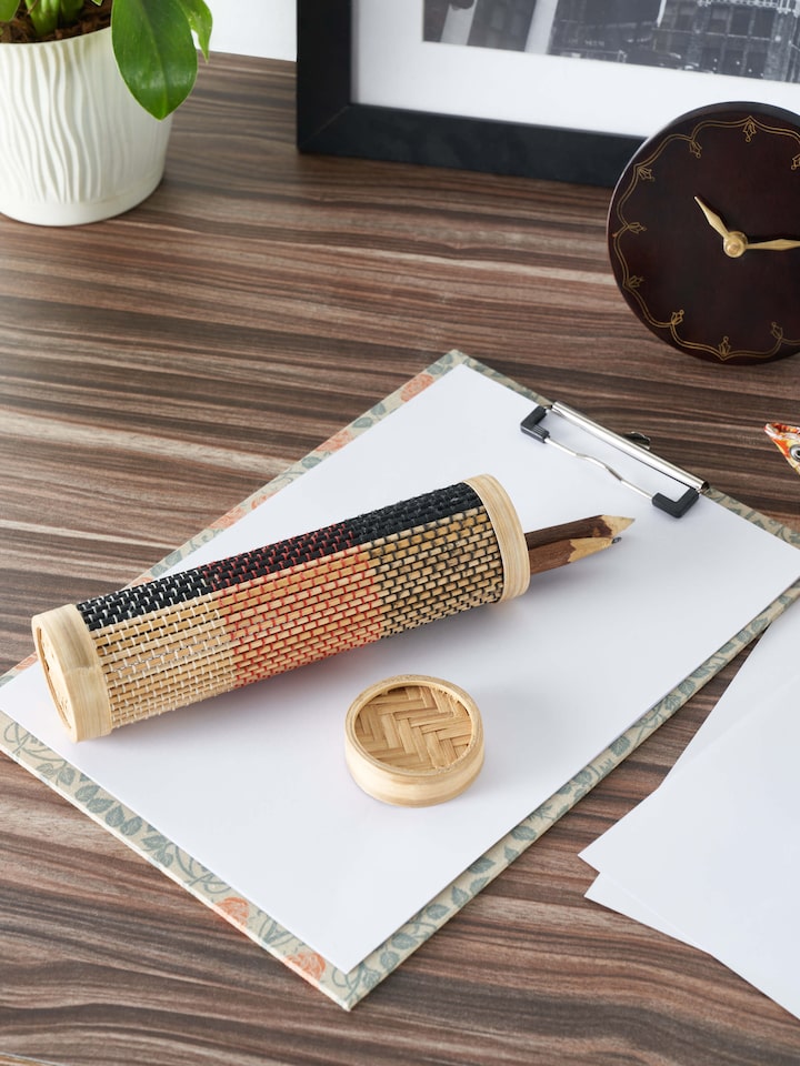 Side view of Bamboo stationery box in grey.