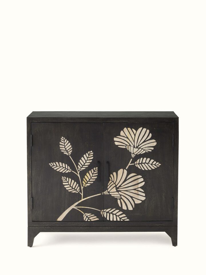 Front view of Sand etched mango wood sideboard showcasing detailed etching and natural wood finish