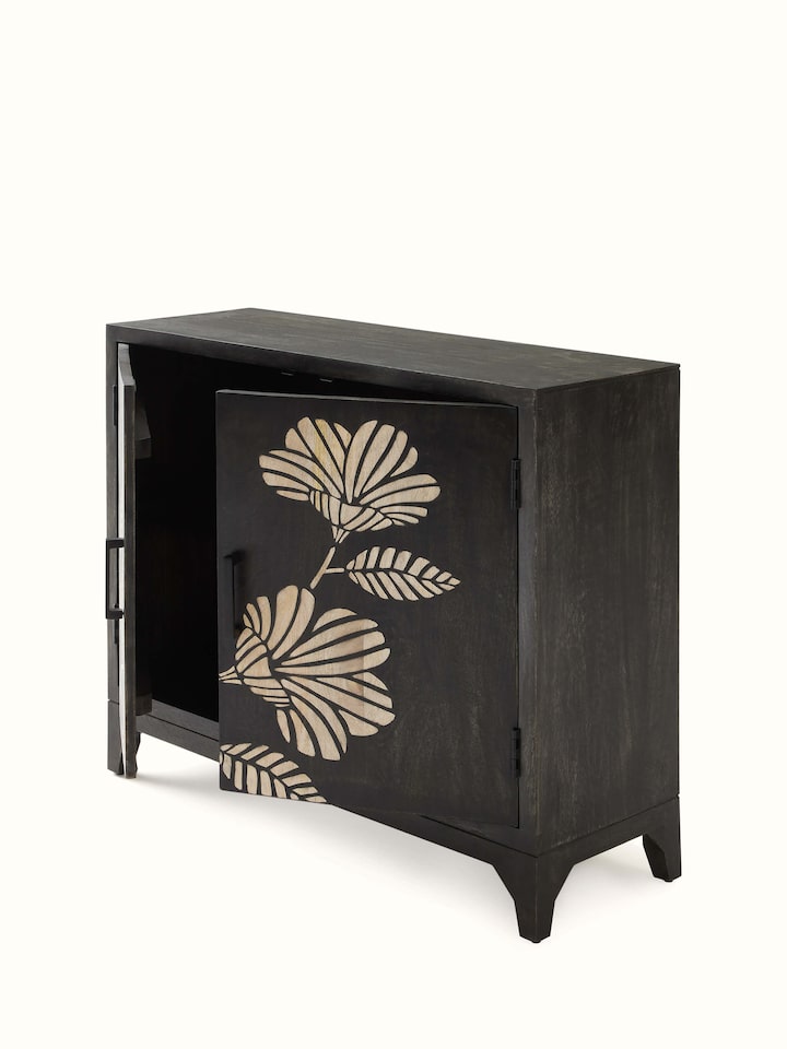 Close-up of Sand etched mango wood sideboard’s etching pattern, showcasing the fine details and artistry