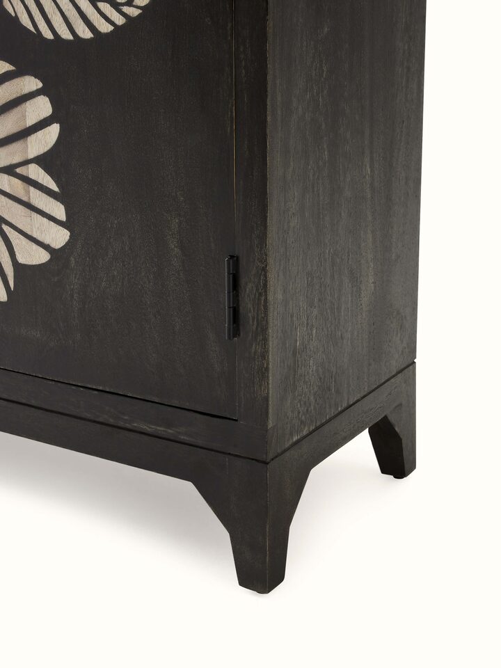 Interior view of Sand etched mango wood sideboard with open compartments, showcasing the design and utility