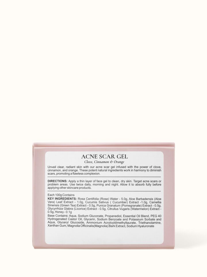 Overview of Acne Scar Gel Clove, Cinnamon & Orange showing the complete product
