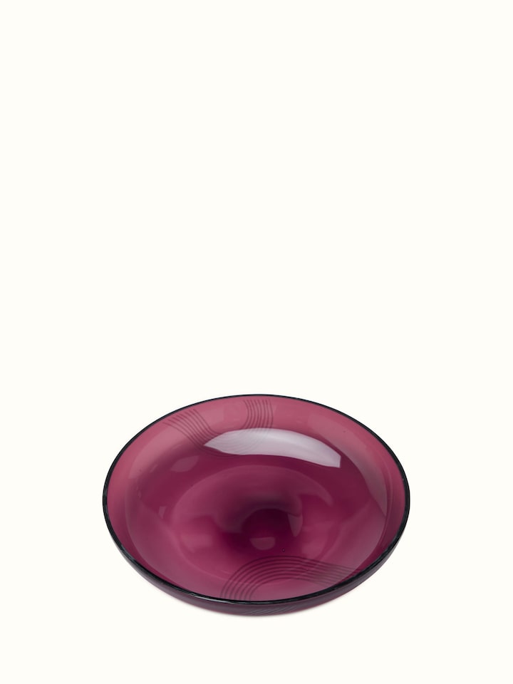 Side view of Firozabadi glass salad plate in purple, showcasing its sleek design and rich color depth.