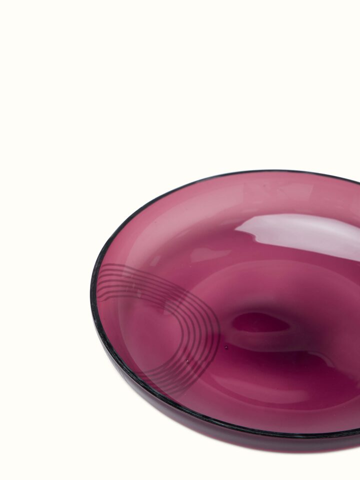 Detailed close-up of Firozabadi glass salad plate in purple, emphasizing its delicate glasswork and glossy finish.