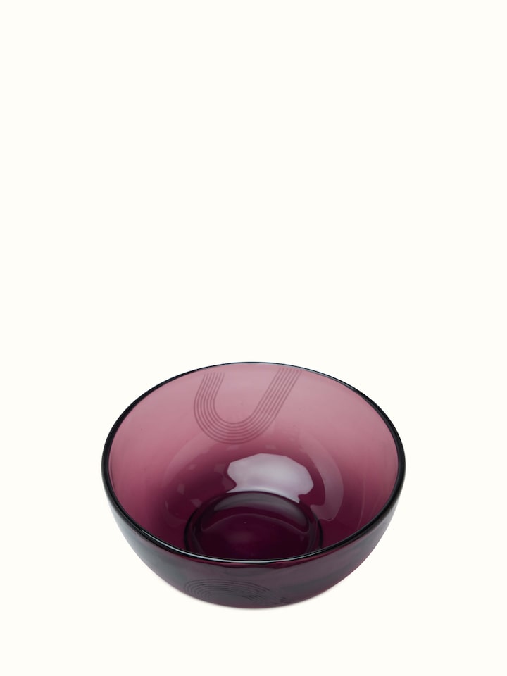 Side view of Firozabadi glass serving bowl purple large, highlighting its fine glasswork and elegant shape.
