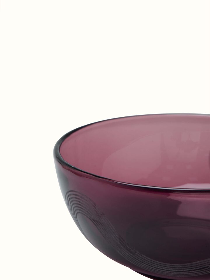 Detailed close-up of Firozabadi glass serving bowl purple large, showcasing the intricate glass design.