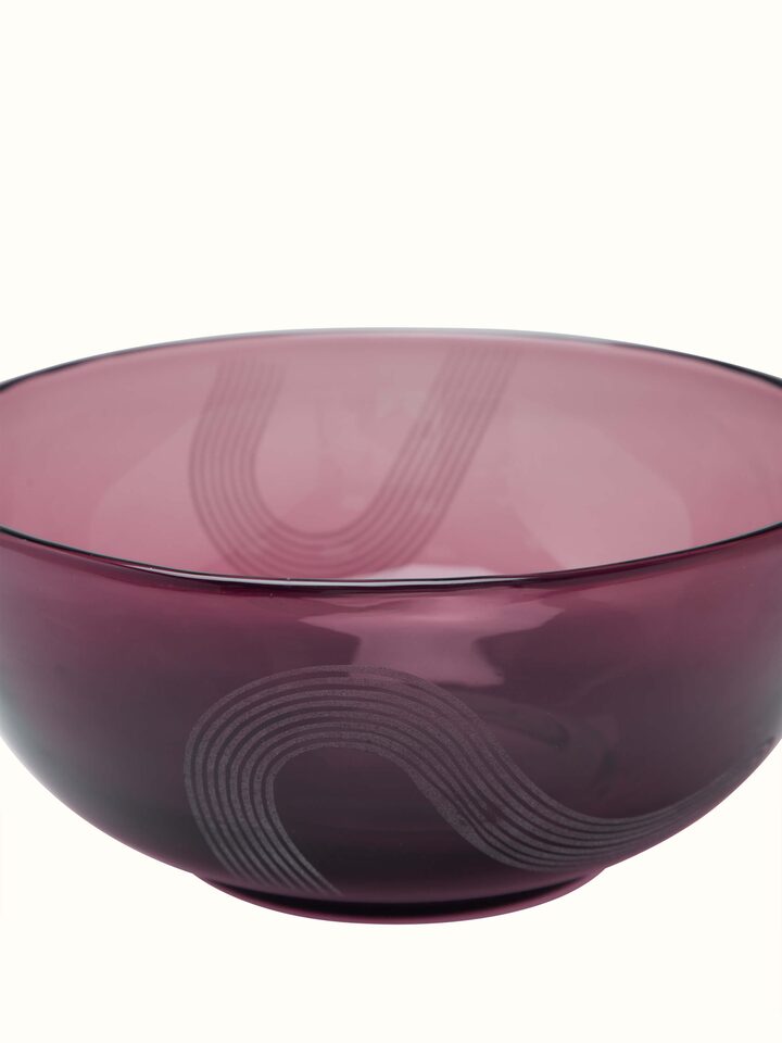 Full view of Firozabadi glass serving bowl purple large, emphasizing its luxurious color and design.