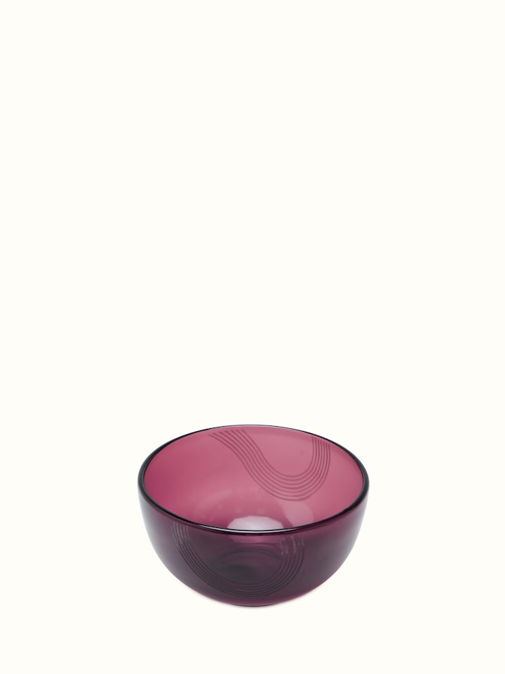 Side view of Firozabadi Glass Serving Bowl in Purple, medium size, highlighting its delicate craftsmanship