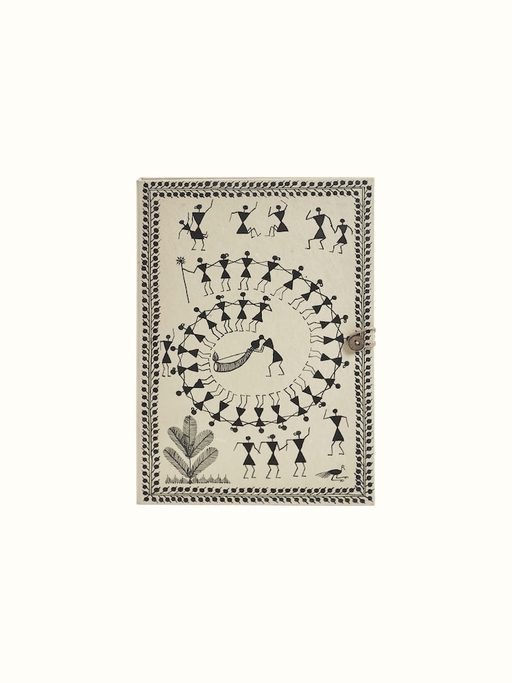 Front view of Warli painted paper file folder in brown, featuring traditional Warli art designs