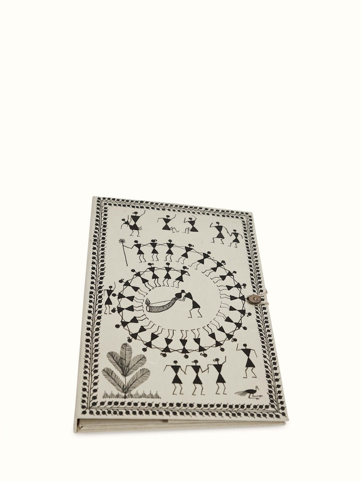 Detailed view of Warli painted paper file folder in brown, emphasizing traditional art and design