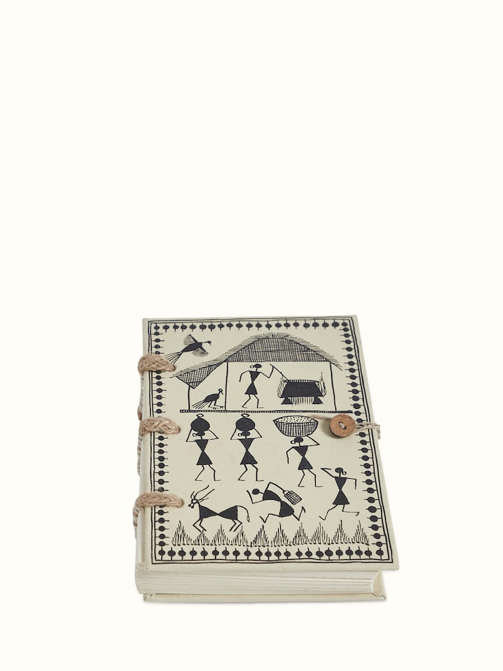 Front view of Warli painted paper planner brown showcasing its intricate Warli art design