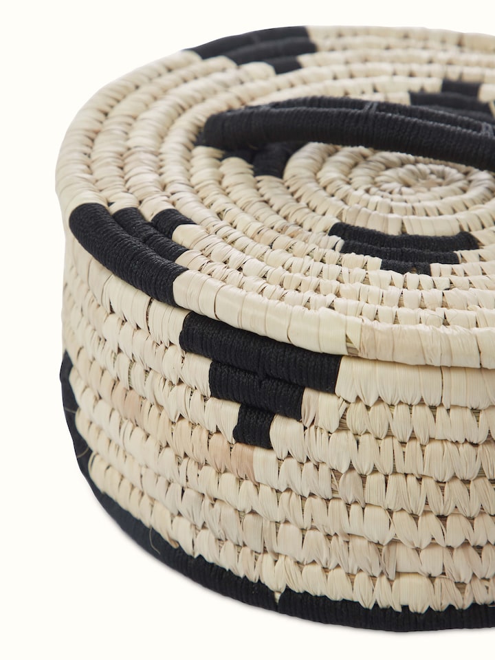 Angled view of Kanshi Basketry Natural Fibre Roti Box showing its practical design and weaving details.