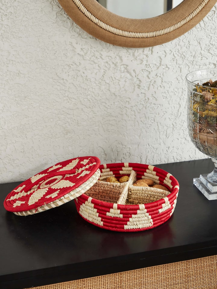 Angled view of Kanshi basketry natural fibre gift box highlighting the detailed craftsmanship and eco-friendly material