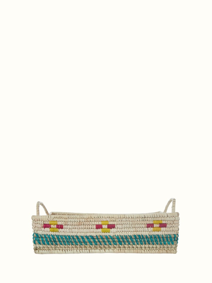 Front view of Kanshi basketry natural fibre chutni tray with intricate weaving