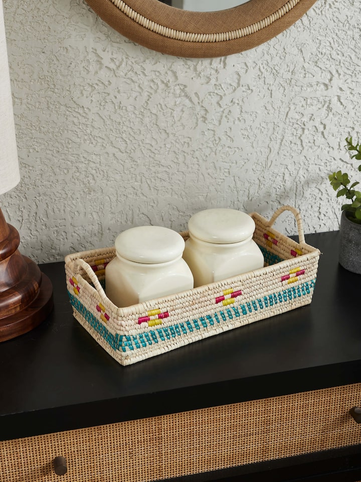 Side view of Kanshi basketry natural fibre chutni tray showing craftsmanship and design