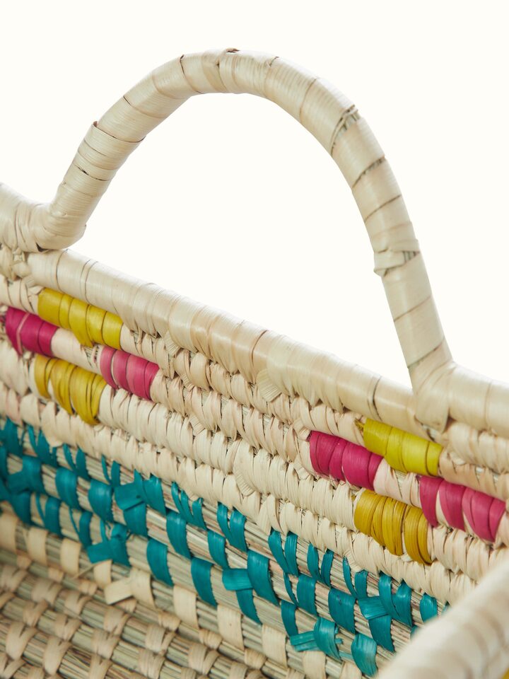 Angled view of Kanshi basketry natural fibre chutni tray showing detailed craftsmanship
