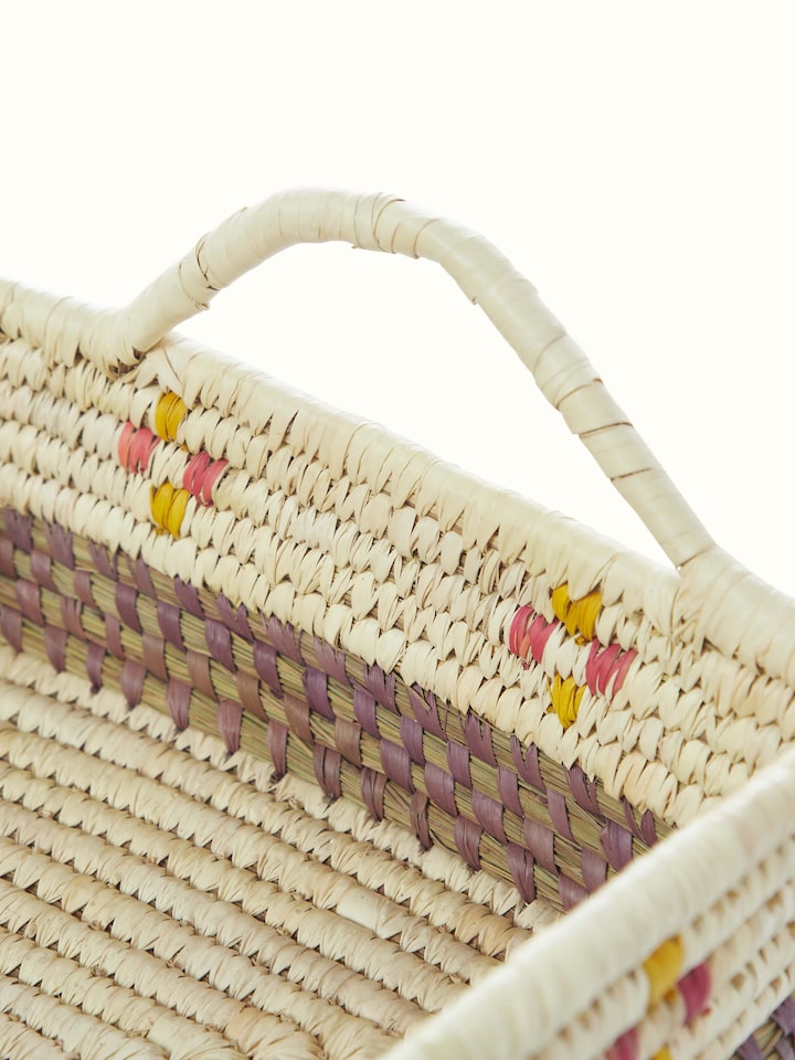 Bottom view of Kanshi basketry natural fibre serving tray with focus on base design.