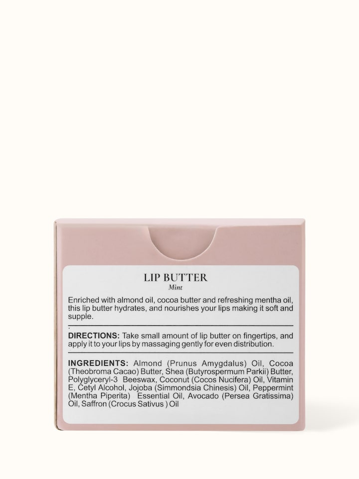 Back view of Lip Butter Mint showcasing the ingredient list and benefits for lips