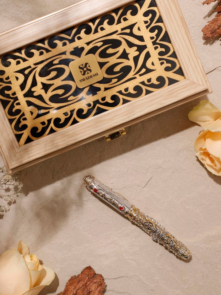 Back view of Lord Sai Baba Silver Smithing Pen focusing on the silver craftsmanship and fine details.