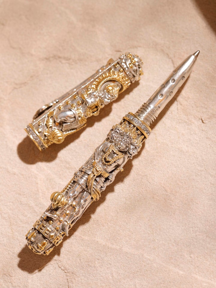 Detail view of Lord Hanuman Silver Smithing Pen highlighting the stone setting and metalwork detail