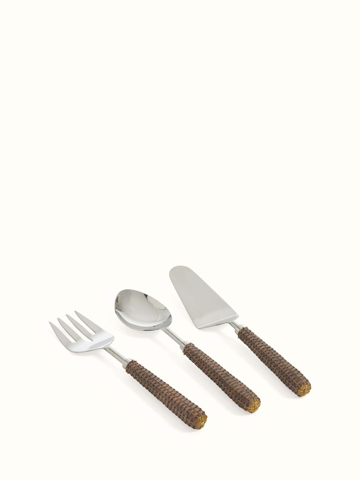 Angled view of Stainless Steel Cutlery with Rattan Handles (3 pcs)