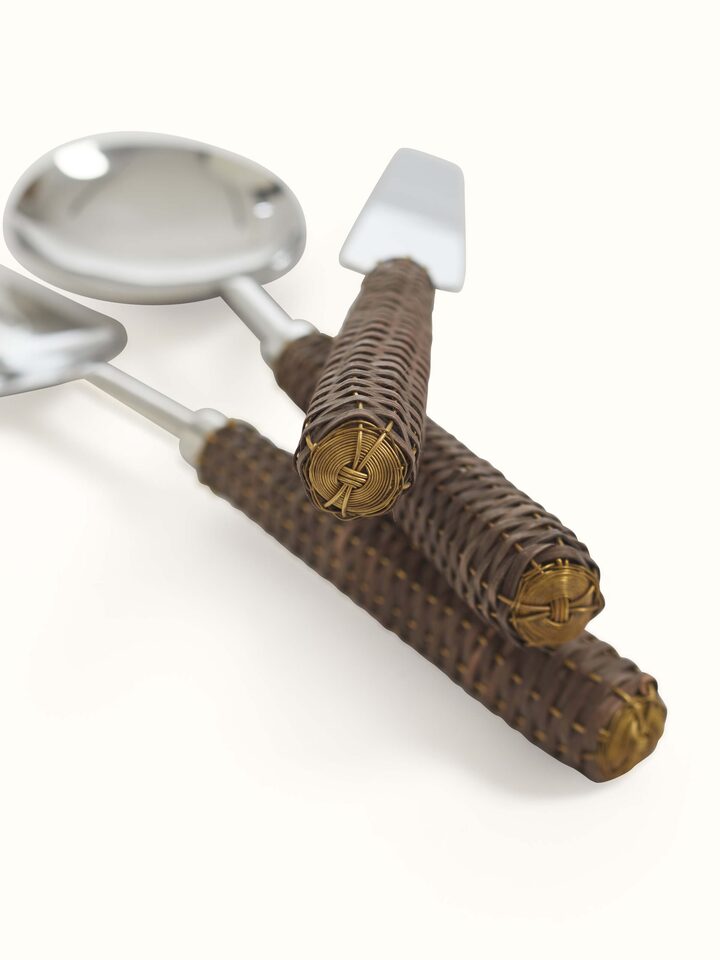 Close-up view of Rattan handle stainless steel cutlery set (3 pcs), showcasing handle details and finish.
