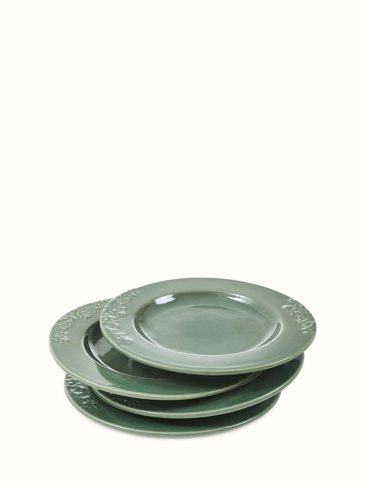 Front view of Studio Pottery Ceramic Dinner Plates in green, showcasing a set of four elegant plates