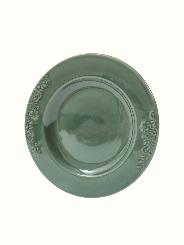 Detailed view of Studio Pottery Ceramic Dinner Plate showing the green glaze and artistic finish of the plate