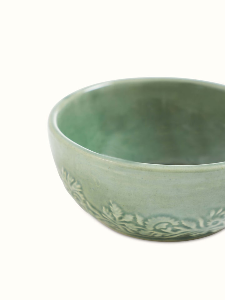 Studio pottery ceramic dinner bowls green (4 pcs) with detailed texture