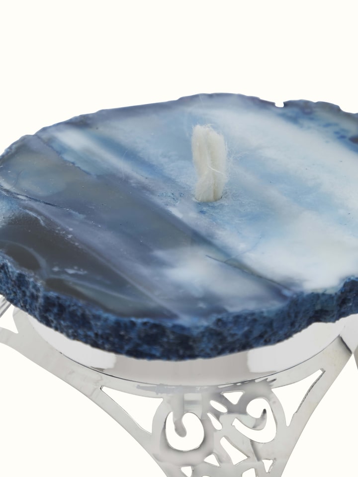 Angled view of Silver & onyx diya showcasing its elegant shape and refined design