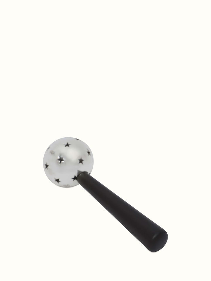 Front view of Silver star rattle toy displaying shiny finish and star design