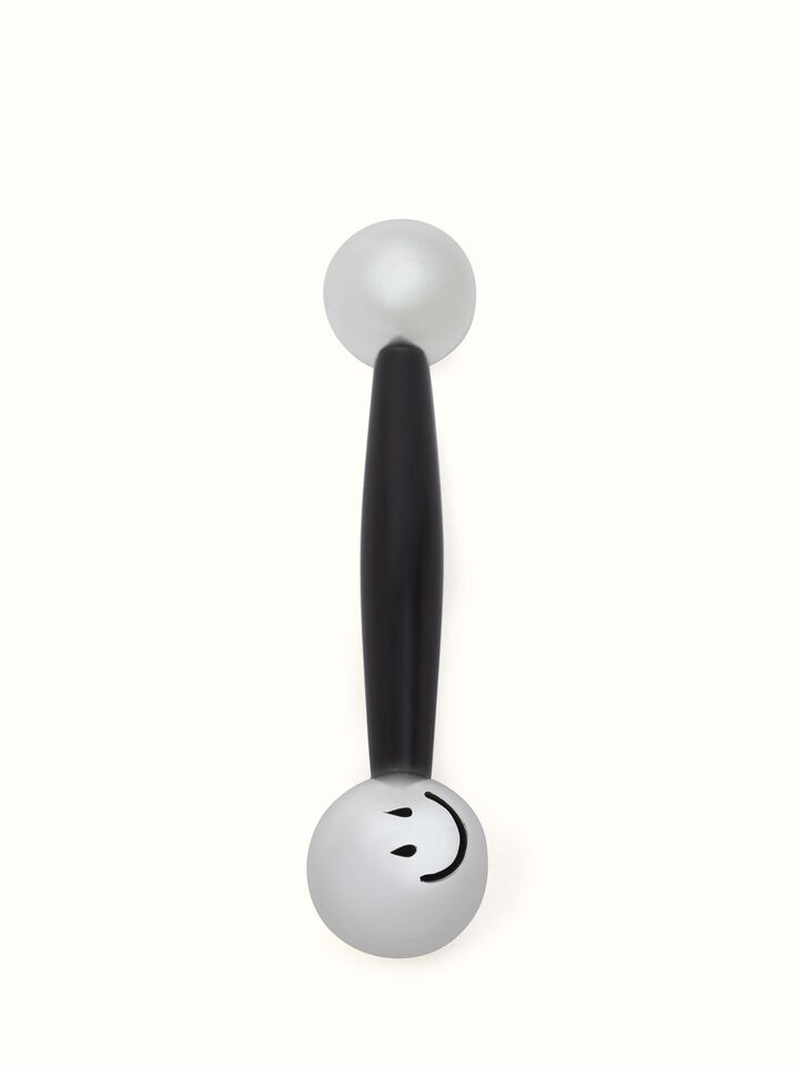 Front view of Silver Dumbbell Rattle Toy showing its sleek design and shiny finish.