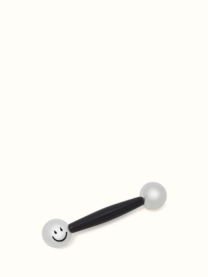 Side view of Silver Dumbbell Rattle Toy highlighting its functional design and craftsmanship.