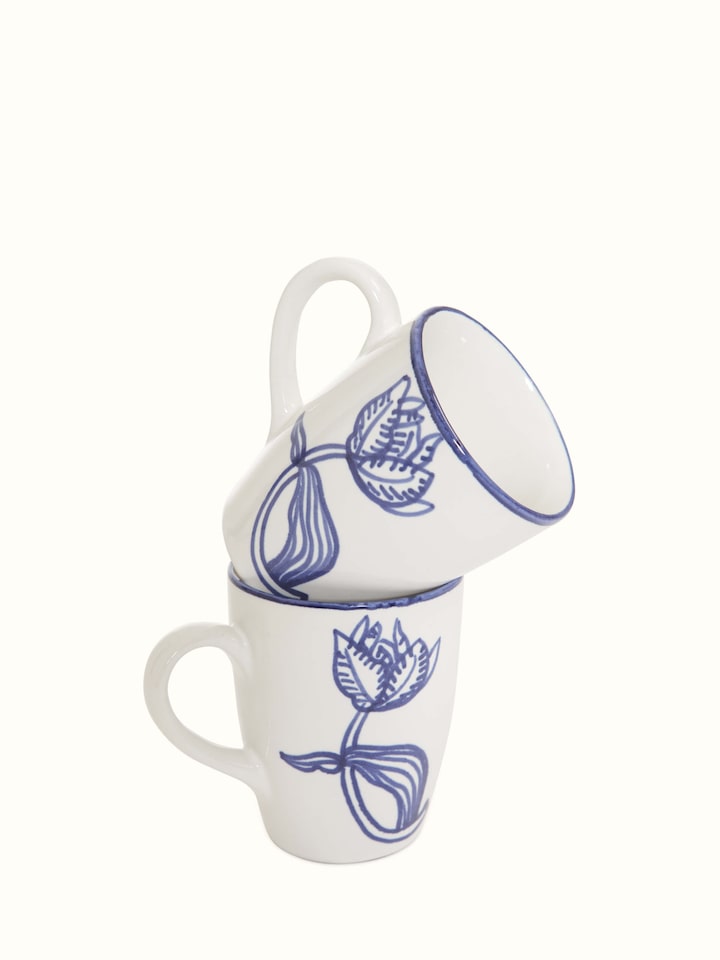 Detailed view of Khurja pottery ceramic coffee mugs white & blue (2 pcs) emphasizing ceramic texture