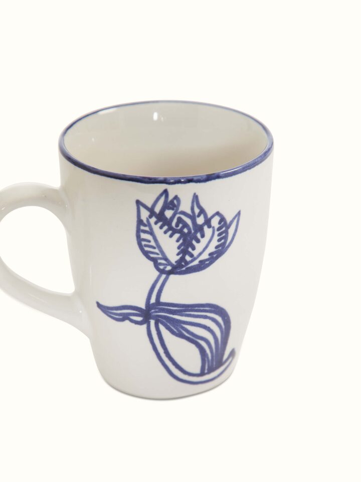 Close-up of Khurja pottery ceramic coffee mugs white & blue (2 pcs) showing intricate ceramic patterns