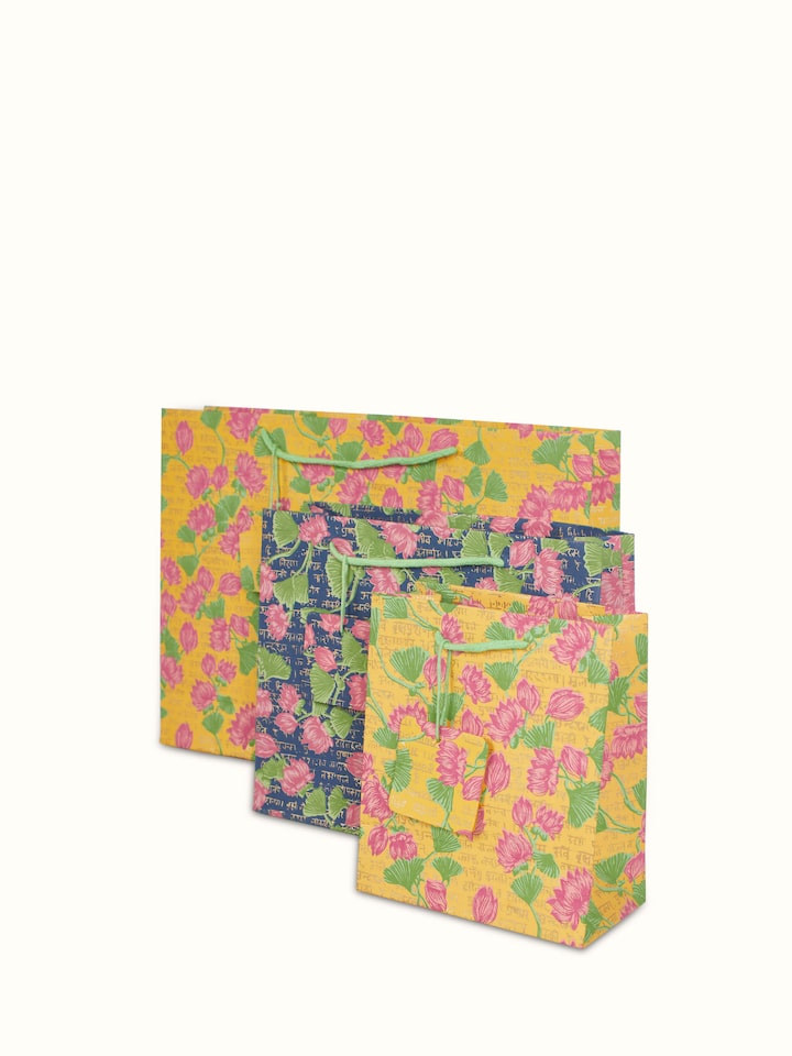 Front view of Handmade Paper Gift Bags Yellow (3 pcs) showcasing bright yellow color and sturdy handles