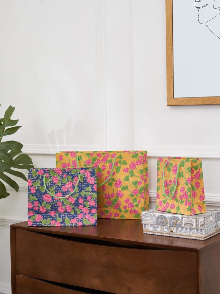 Side view of Handmade Paper Gift Bags Yellow (3 pcs) highlighting the smooth texture and eco-friendly materials