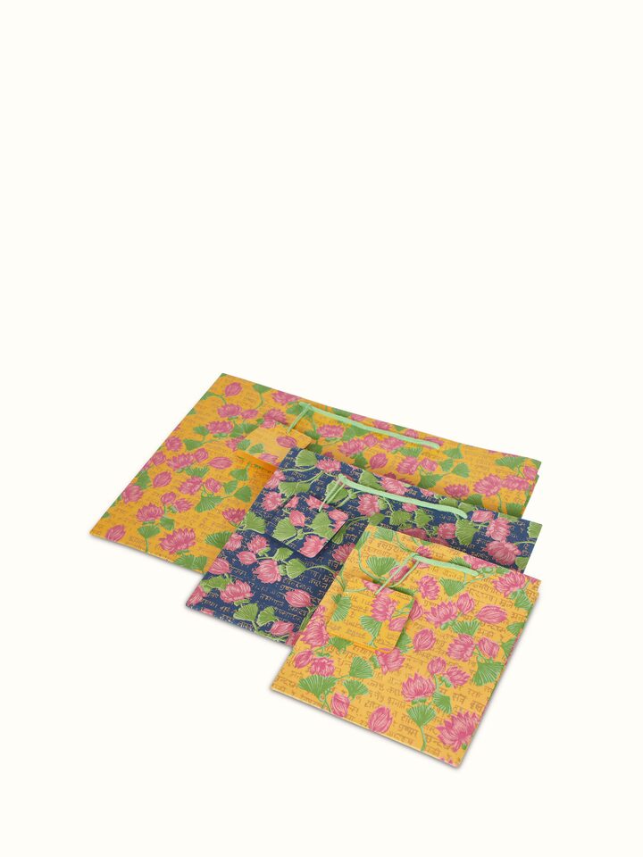 Angled view of Handmade Paper Gift Bags Yellow (3 pcs) focusing on the quality and natural finish