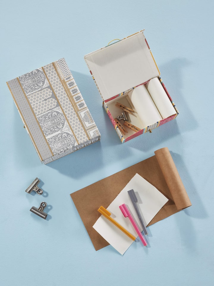 Side view of Handmade paper stationery boxes in white, highlighting the clean and classic design.