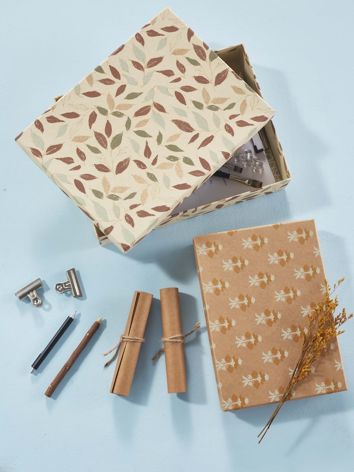 Side view of Handmade Paper Saree & Stole Boxes in brown, showcasing the sturdy construction and fine paper craftsmanship.