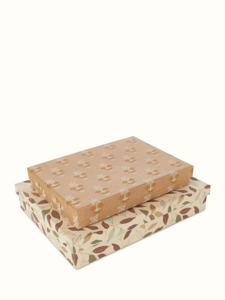 Angled view of Handmade Paper Saree & Stole Boxes in brown, emphasizing the artisanal details and quality of the paper.