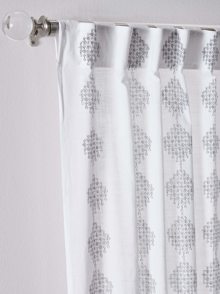 Full view of Rambagh White Modern Geo Diamond Cotton Sanganeri Block Printed Curtain (9 ft) showing the contemporary geometric pattern.