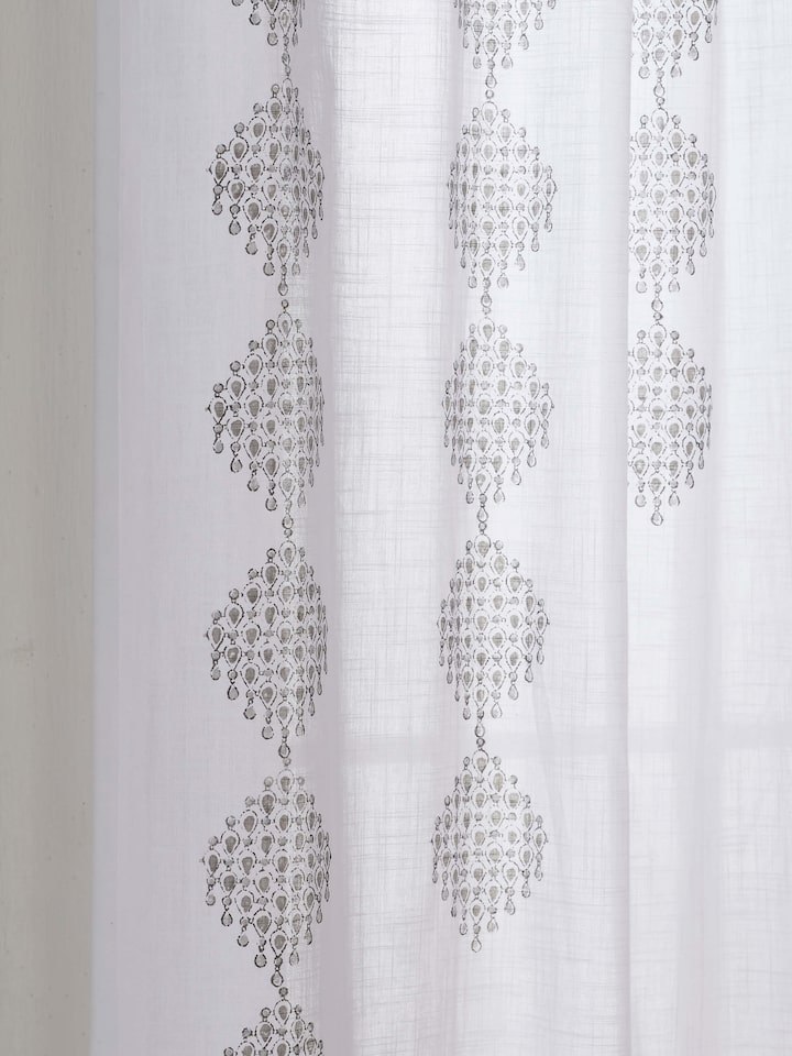 Close-up of Rambagh White Modern Geo Diamond Cotton Sanganeri Block Printed Curtain (9 ft) emphasizing the intricate geo diamond pattern.
