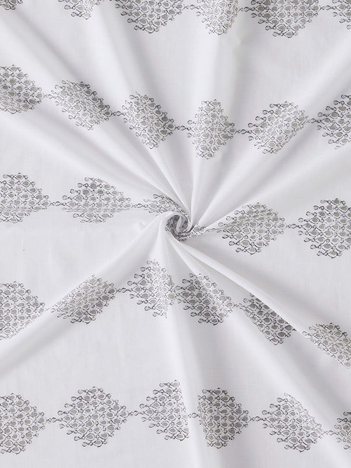 Detailed shot of Rambagh White Modern Geo Diamond Cotton Sanganeri Block Printed Curtain (9 ft) capturing the print and cotton fabric quality.