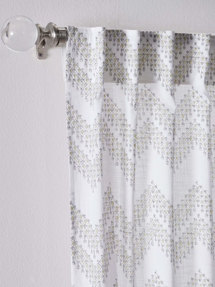 Full view of Rambagh White Modern Geo Cotton Sanganeri Block Printed Curtain (9 ft), featuring a modern geometric design.